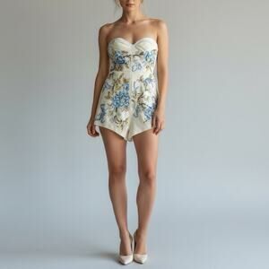 Mac Duggal Embellished Strapless Romper Size 2 Ivory Blue Beaded Floral Mini NWT